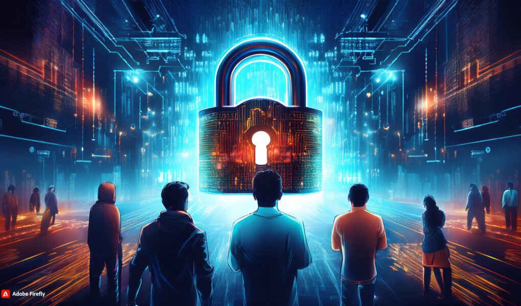 Firefly Create a striking digital illustration depicting a giant translucent padlock with the Meta