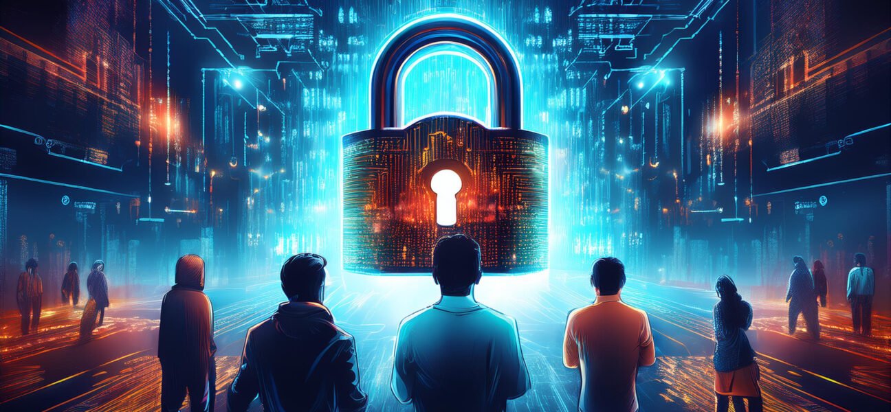 Firefly Create a striking digital illustration depicting a giant translucent padlock with the Meta