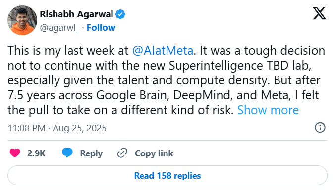 AI Researchers are leaving Meta Platforms. The reason is more fascinating 3 Rishabh Agarwal Tweet